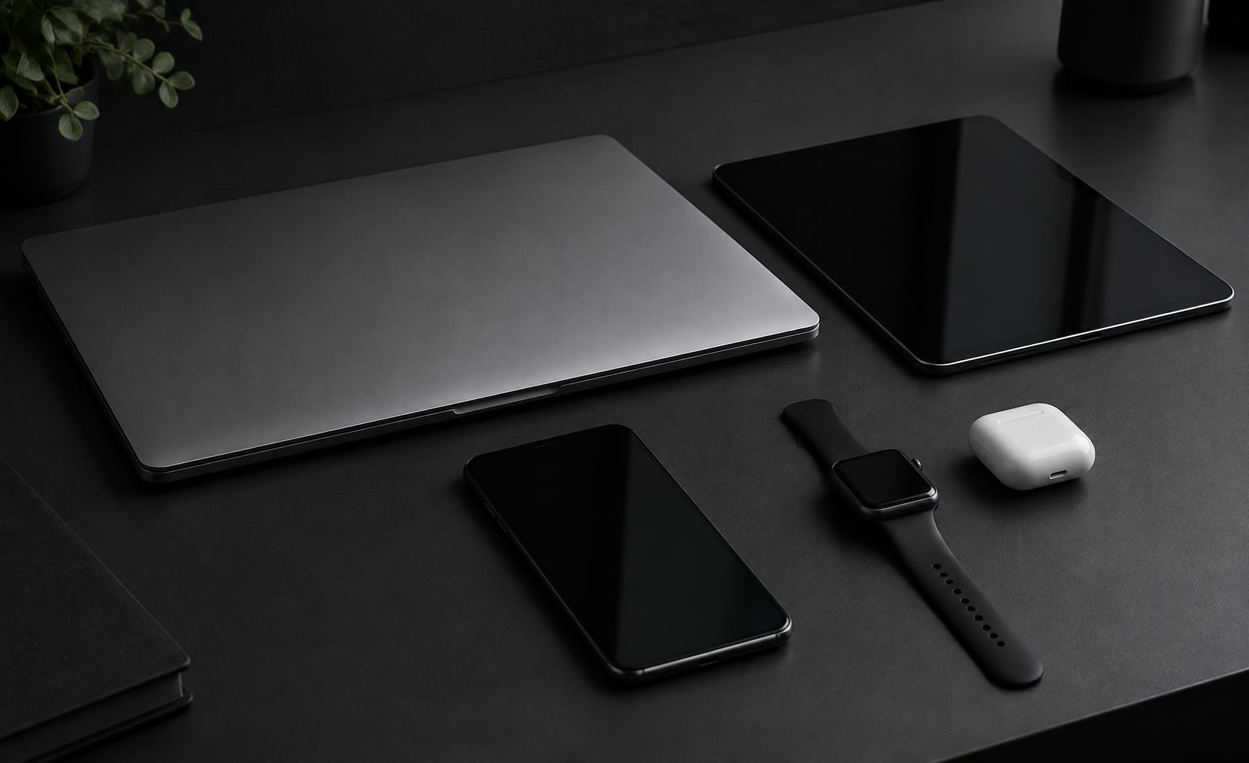 MacBook, iPad, iPhone, Apple Watch and AirPods on a desk — pay monthly Apple